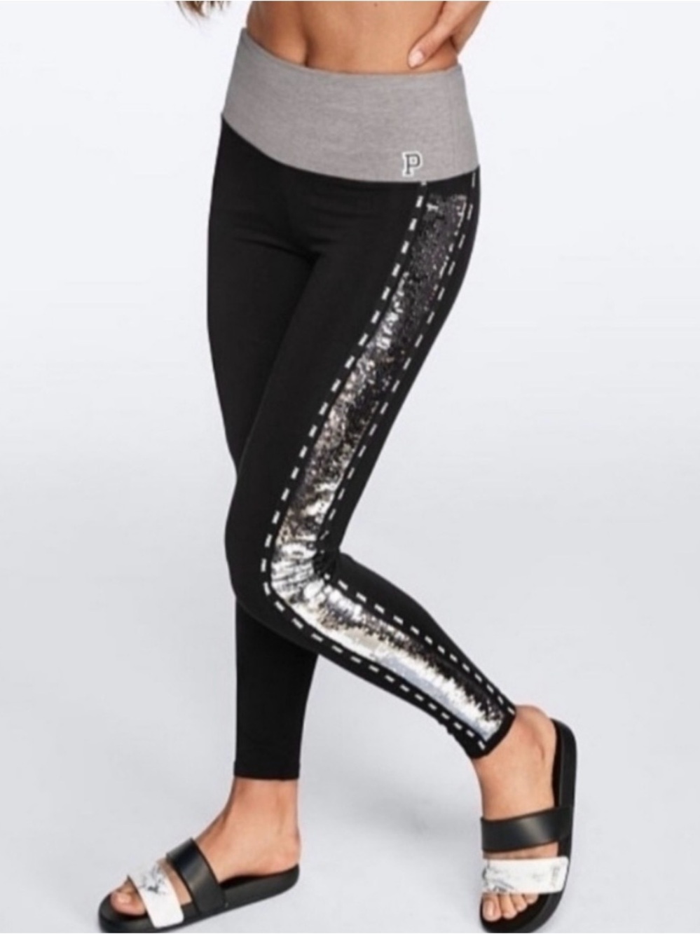 PINK Victoria's Secret Black Leggings with Silver Side BLING PANEL and Gray Wais